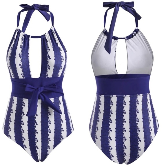 Striped Floral One‑Piece ✦ Halter Cutout Backless Swimsuit ✦ Coastal Resort M - Picture 3 of 11